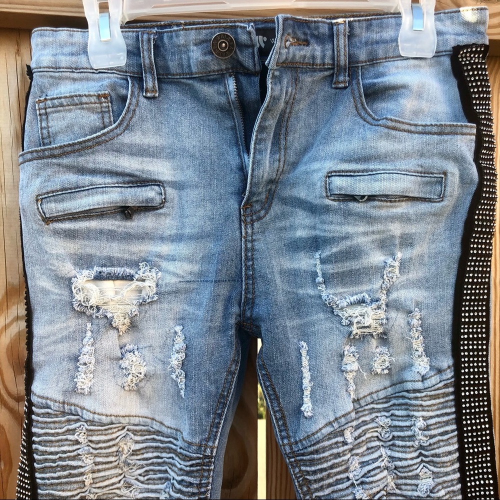 Waimea Jeans denim black Rhinestone stripe  Jrs. Sz. 18 distressed